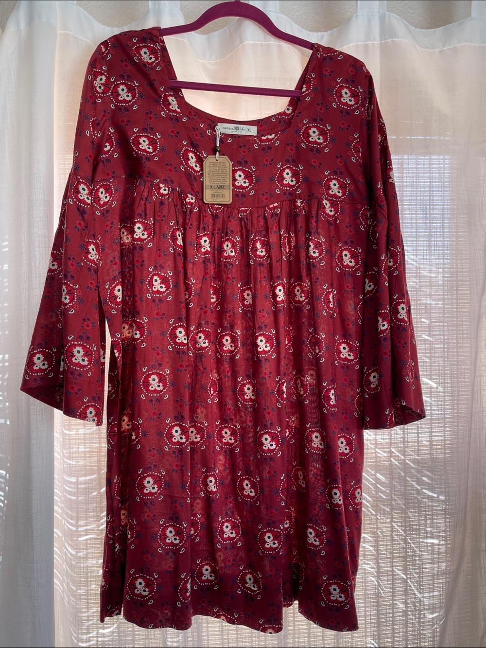 NATURAL LIFE Burgundy Floral Peasant tunic or baby doll dress